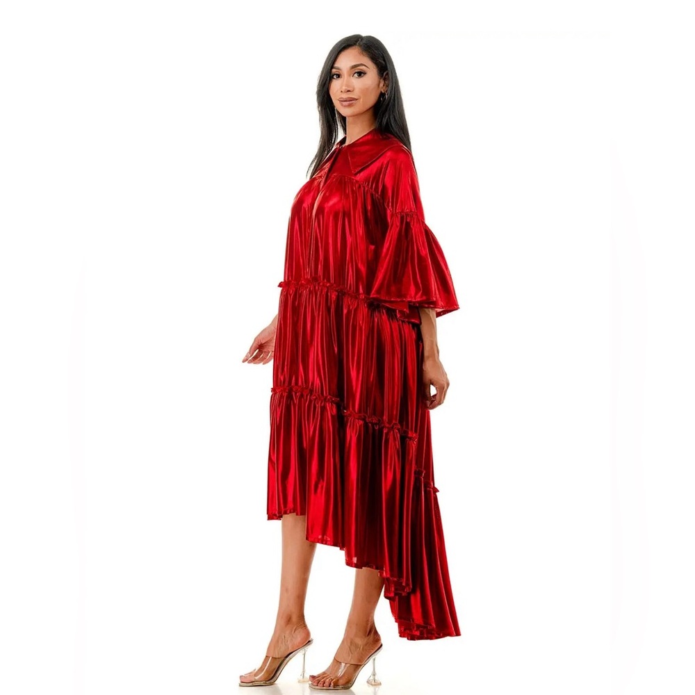 Plus Metallic Pleated Tiered Flare Midi Dress